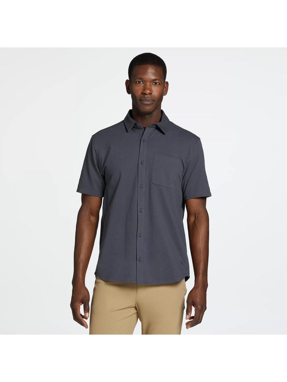 VRST Men's Refined Knit Short Sleeve Button up, Small, Graphic Charcoal